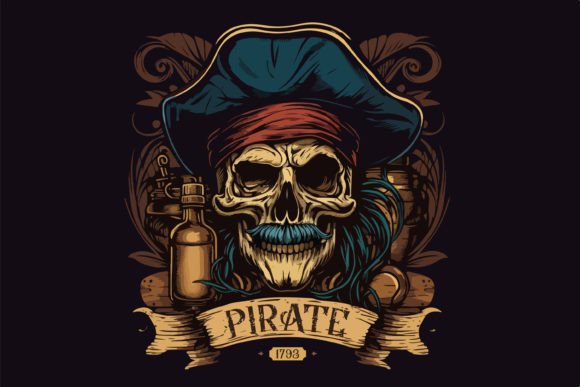 Skull Pirate Rum Vector Illustration Graphic T-shirt Designs By Fractal font factory