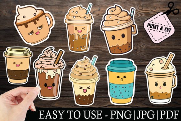 Coffee Stickers Kawaii PNG SVG EPS Gráfico Plantillas de Impresión Por Aleksa Popovic