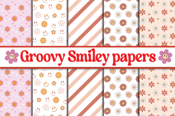 Groovy Smiley RETRO Digital Paper Pack Graphic Patterns By AsiaArtGallery