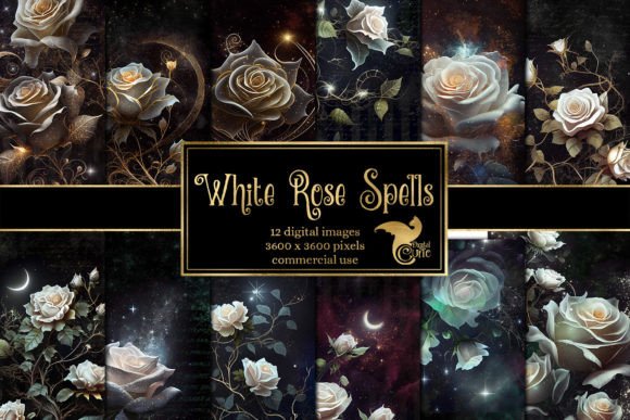White Rose Spells Digital Paper Graphic AI Generated By Digital Curio