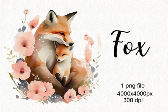 Foxes with Flowers Clipart Png Illustration Généré par IA Par DreamLoudArt