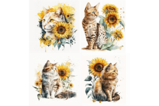 20 Sunflower Cats Watercolor Bundle Grafika Ilustracje do Druku Przez Markicha Art 4