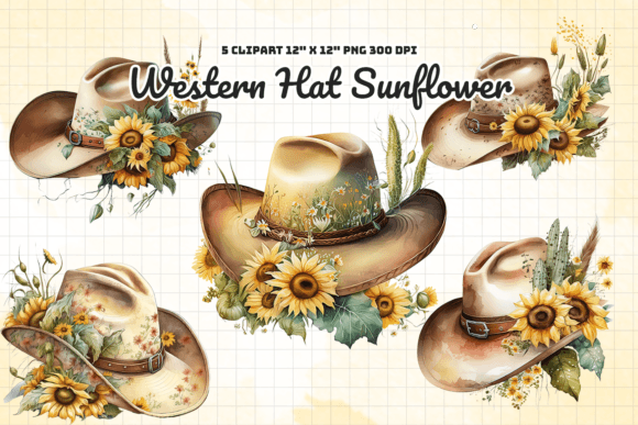 Watercolor Western Hat Sunflower Set Graphic Illustrations By Gemstone