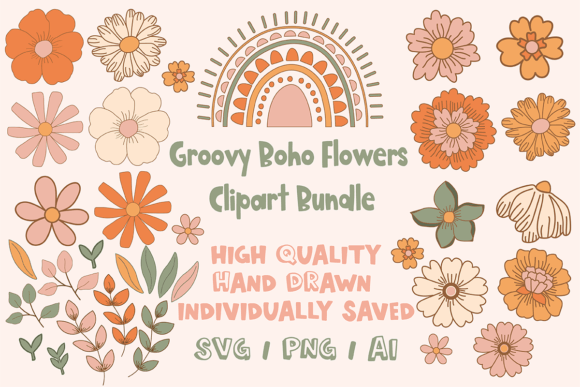 Groovy Boho Flowers Clipart Bundle Graphic Crafts By CheriShic