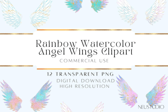 Rainbow Watercolor Angel Wings Clipart Gráfico Objetos Gráficos de Alta Calidad Por NEUSTUDIO