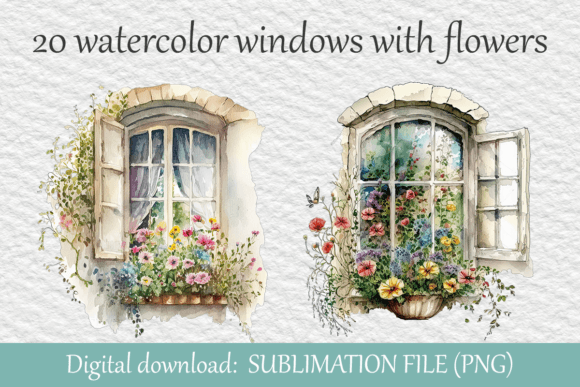 20 Watercolor Windows with Flowers Pack Graphic Illustrations By svgcutswarehouse
