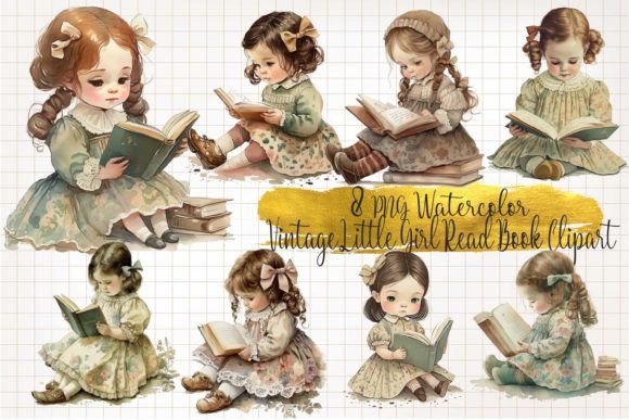 Vintage Little Girl Read Book Watercolor Graphic AI Generated By WaterColorArch