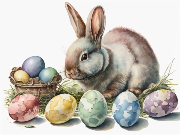 Watercolor Easter Bunny with Eggs Graphic Backgrounds By info.tanvirahmad