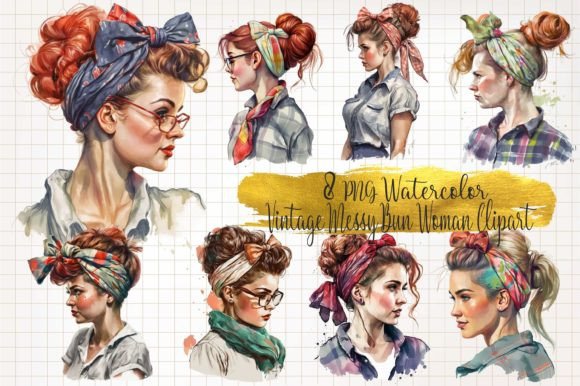 Vintage Woman Messy Bun Watercolor Graphic AI Generated By WaterColorArch