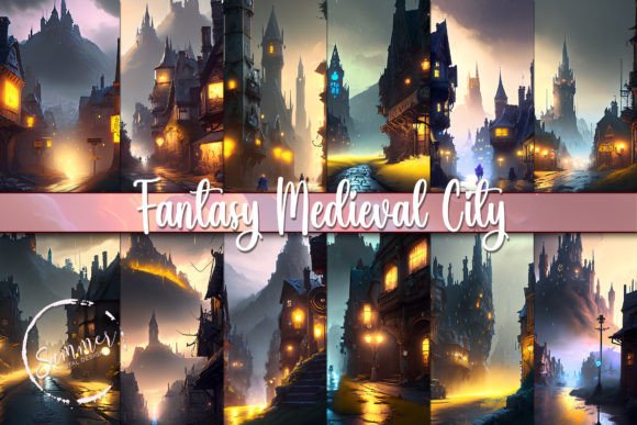 Medieval City Landscape Fantasy at Night Graphic Backgrounds By Summer Digital Design