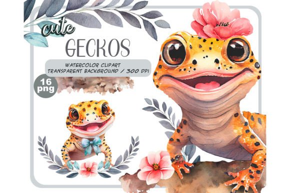 Watercolor Cute Baby Leopard Geckos Set Grafik Druckbare Illustrationen Von ArtfulStudio
