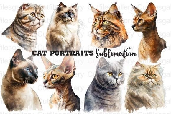 Cat Portraits PNG, Cat Sublimation PNG Gráfico Ilustrações para Impressão Por cutfilesgallery