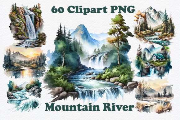 Watercolour Mountain River Clipart PNG Graphic Illustrations By Trach Sublimation