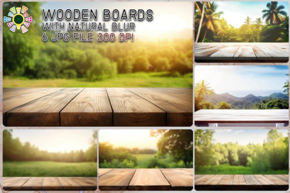 Wooden Table Looking out a Natural Blur Graphic Backgrounds By MICON DESIGNS