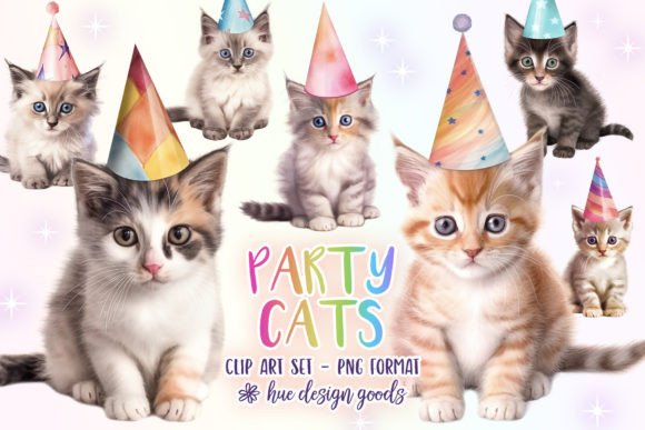 Cats Wearing Party Hats Clipart Images Graphic Illustrations By huedesigngoods