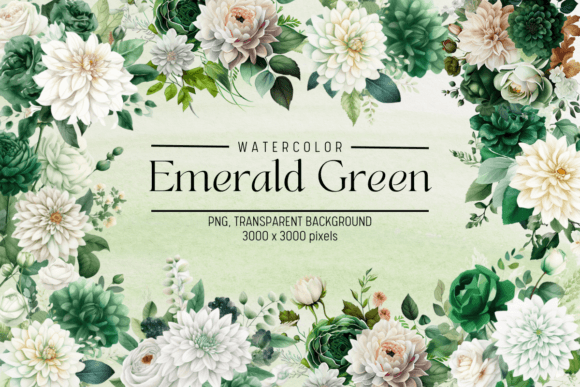 Emerald Green Flowers Watercolor Graphic Illustrations By FOLV