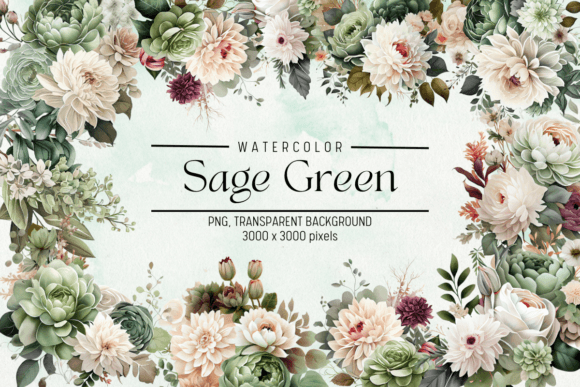 Sage Green Flowers Watercolor Graphic Illustrations By FOLV