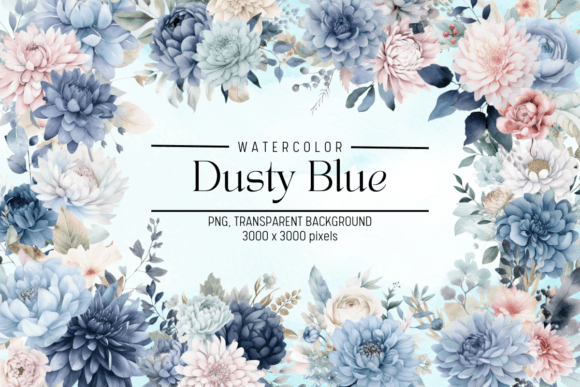 Dusty Blue Flowers Watercolor Clipart Gráfico Ilustraciones Imprimibles Por FOLV