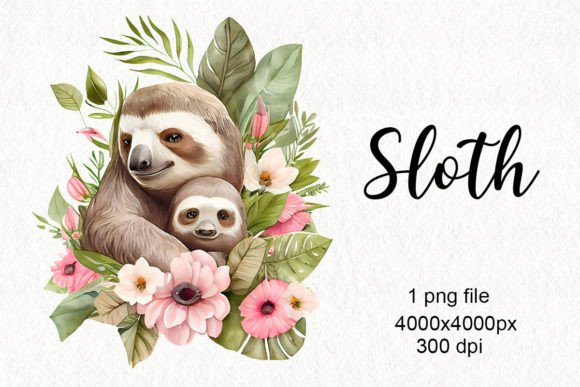 Sloth with Flowers Clipart Png Illustration PNG transparents AI Par DreamLoudArt