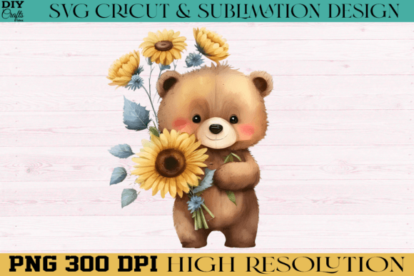 Bear with Sunflower Watercolor PNG Graphic Print Templates By Diy Crafts Ideas
