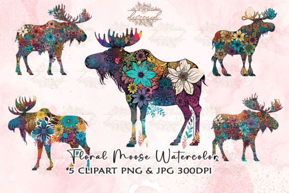 Floral Moose Watercolor Clipart Graphic Crafts By Diceenid