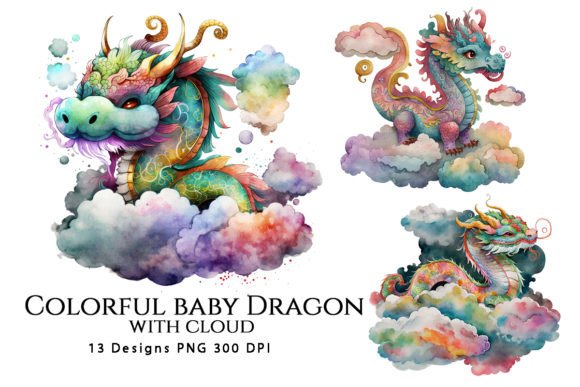 Watercolor Colorful Cloud Dragon Clipart Graphic Illustrations By DesignScotch