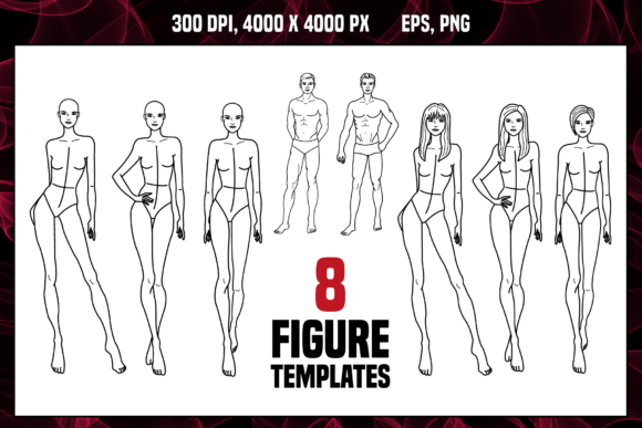 Set of 8 Figure Templates. Women and Men Graphic Illustrations By YuliDor