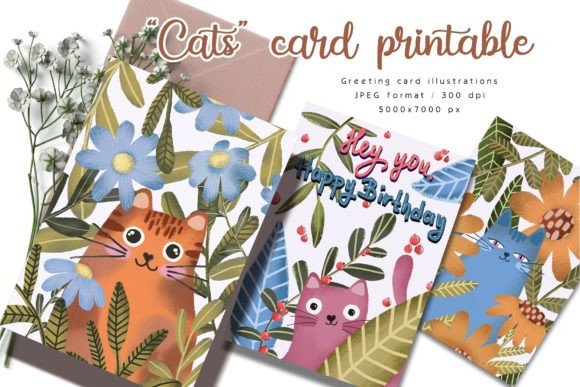 Adorable Cats Printable Greeting Cards Graphic Print Templates By Yelloo Fish