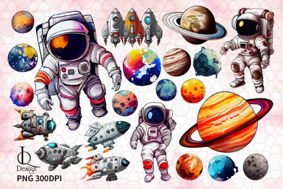Astronauts Spaceship and Planets Clipart Graphic AI Illustrations By LQ Design