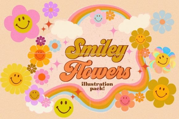 Smiley Flowers 70s Illustration Pack Graphic Illustrations By deardarlingdesignstudio