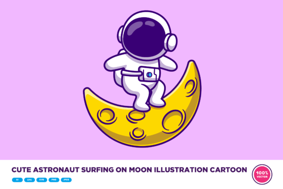 Cute Astronaut Surfing on Moon Cartoon Graphic Illustrations By catalyststuff