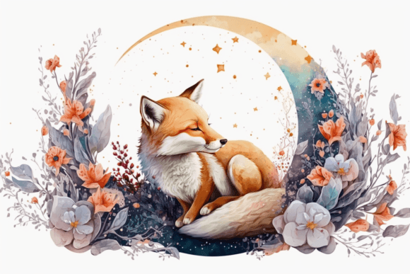 Cute Baby Fox Watercolor Moon Flowers Graphic Illustrations By 1xMerch