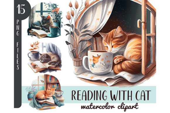 Watercolor Reading with Cat Clipart PNG Graphic Illustrations By ArtfulStudio