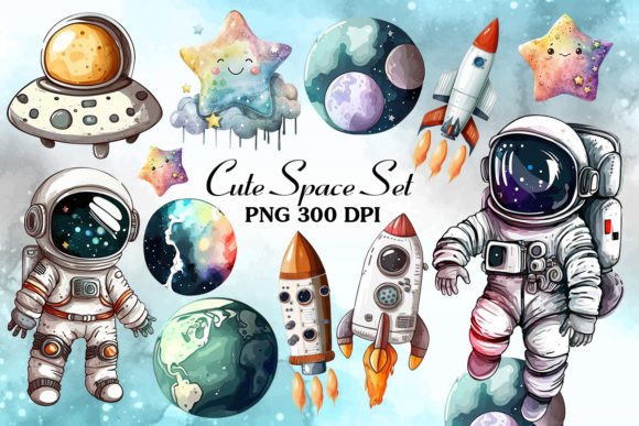 Space of Astronaut Watercolor Clipart Grafica Illustrazioni Stampabili Di Cat Lady