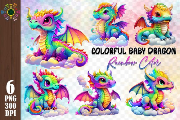 Colorful Baby Dragon Sublimation Clipart Graphic AI Transparent PNGs By MICON DESIGNS