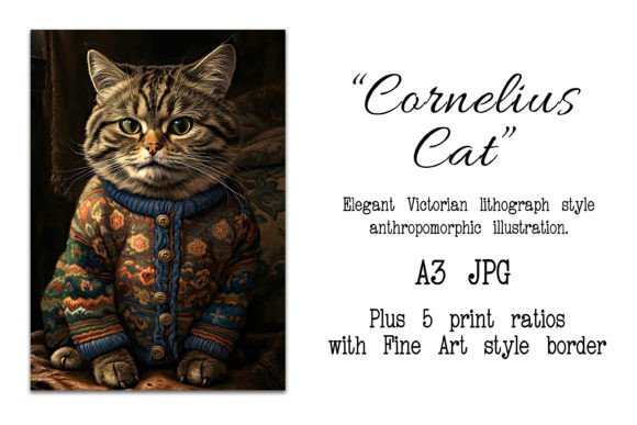 Vintage Victorian Style Cornelius Cat Graphic Illustrations By Digital Magpie Design Studio