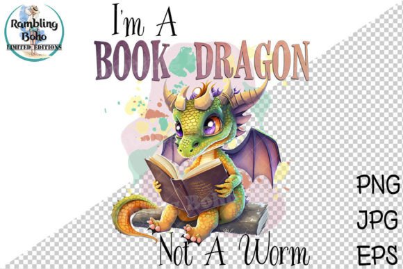 Book Dragon Funny Bookworm Sublimation Grafik Druckbare Illustrationen Von RamblingBoho
