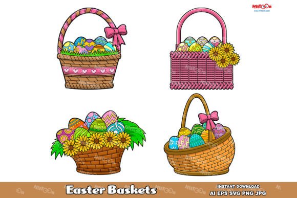Cartoon Easter Basket with Colored Eggs Graphic Illustrations By HitToon