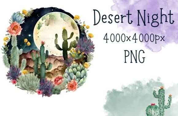 Watercolor Cactus and Full Moon Graphic Illustrations By StudioPopsicle
