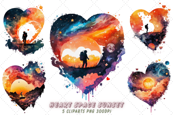 Heart Space Sunset Watercolor Clipart Illustration Illustrations Imprimables Par Florid Printables