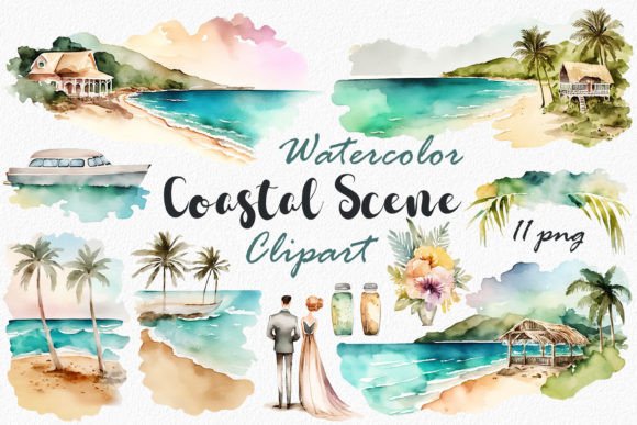 Watercolor Coastal Scene Clipart Graphic Illustrations By passionpngcreation
