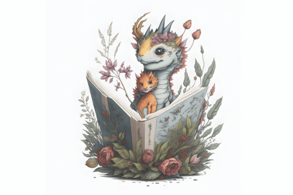 Cute Dragon Reading a Book Sublimation Illustration Illustrations Imprimables Par 1xMerch