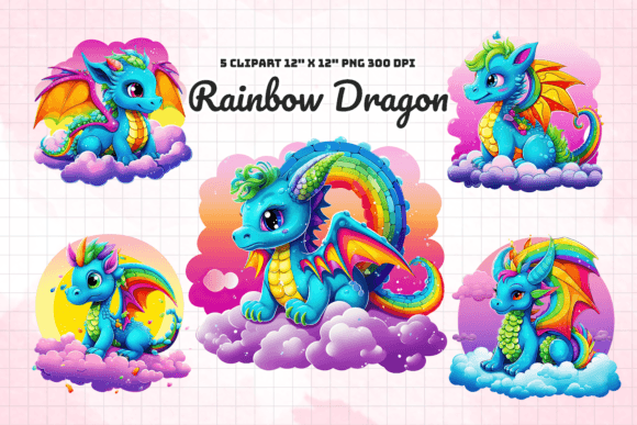 Rainbow Dragon Clipart Grafika Ilustracje do Druku Przez Gemstone
