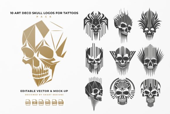 Art Deco Skull Logos for Tattoos Pack X1 Graphic Illustrations By SmartDesigns