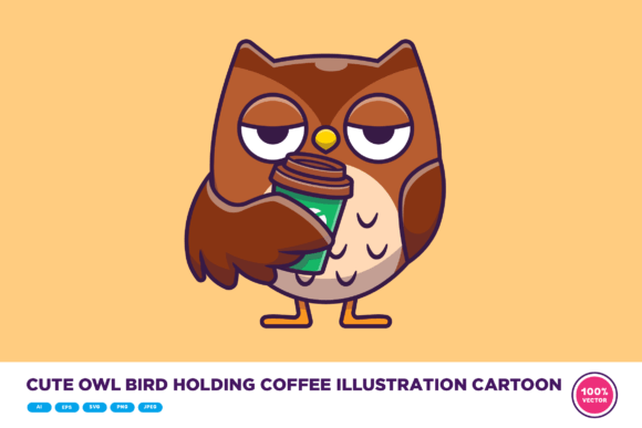 Cute Owl Bird Holding Coffee Cartoon Graphic Illustrations By catalyststuff