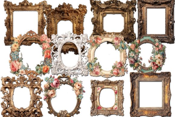 Vintage Gold Frames Graphic Illustrations By retrowalldecor