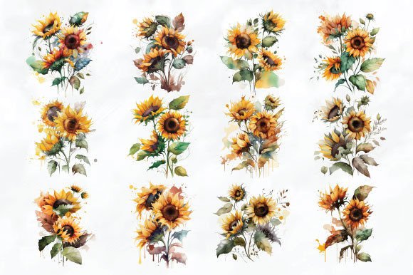 Watercolor Sunflowers Clipart Bundle Graphic Print Templates By millerleslies26