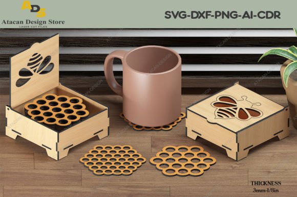 Honey Bee Coasters and Box Honeycomb Svg Graphic 3D Pillow Box By atacanwoodbox
