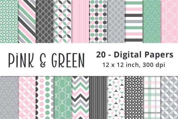 Pink and Green Digital Paper Backgrounds Graphic Patterns By Lemon Paper Lab