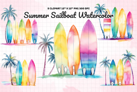 Summer Surfboard Watercolor Sublimation Grafika Ilustracje do Druku Przez Gemstone